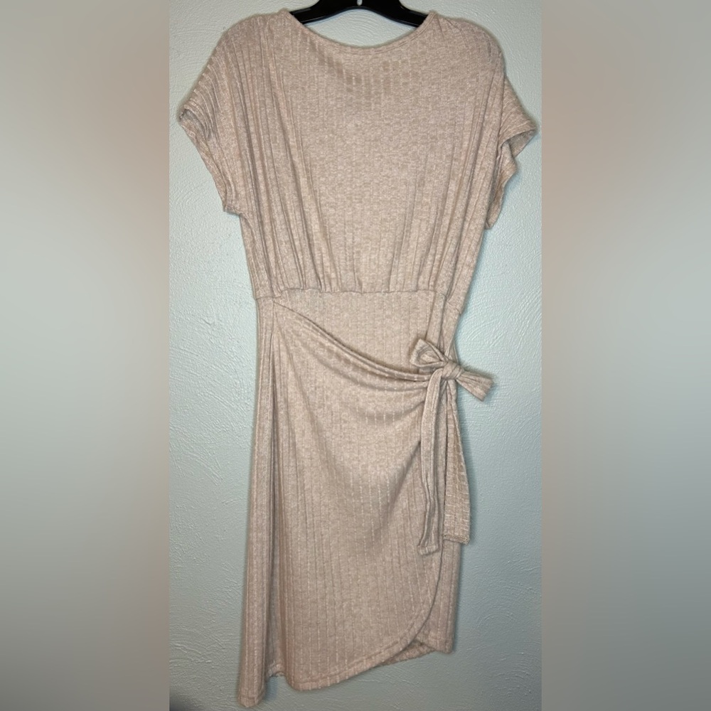 Tan Asymmetrical Wrap Dress with Ruched Dolman Sleeves